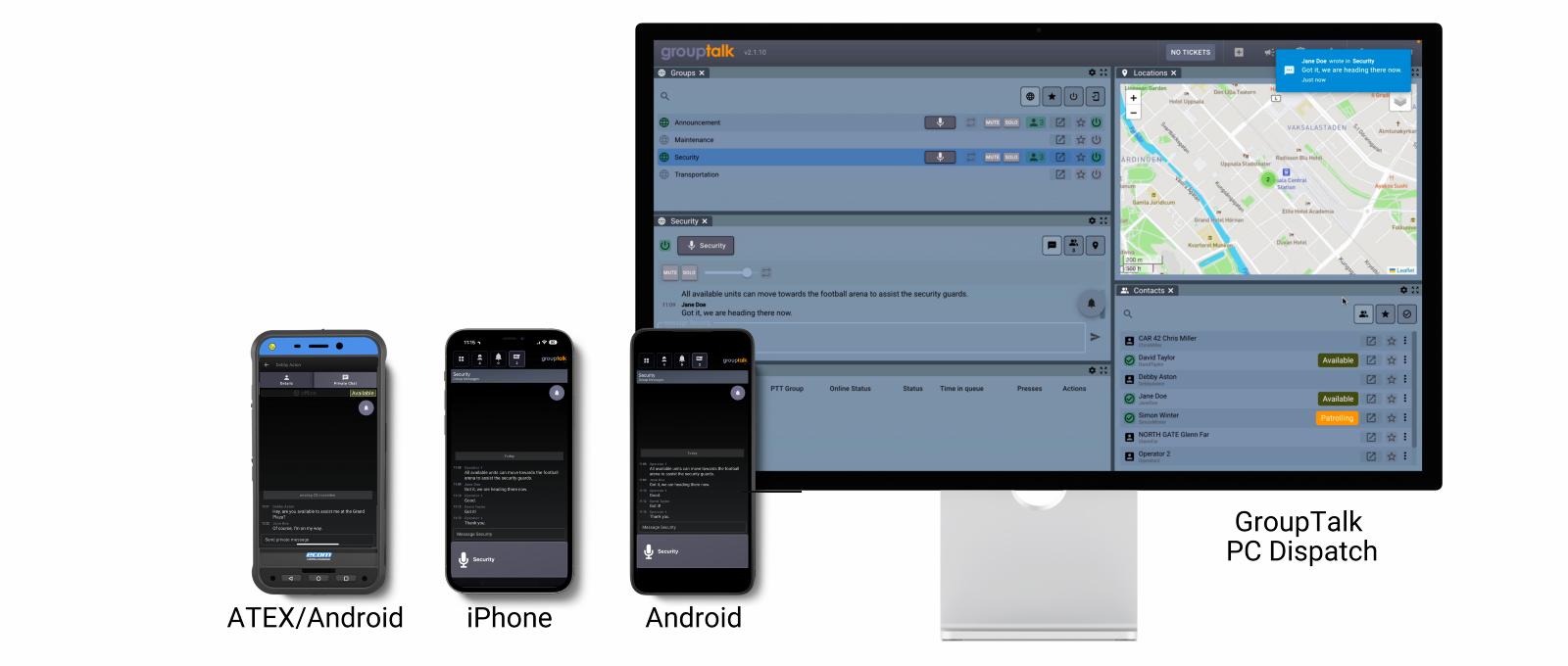 ATEX EX02 smartphone, GroupTalk PC Dispatch med funktionen text meddelande